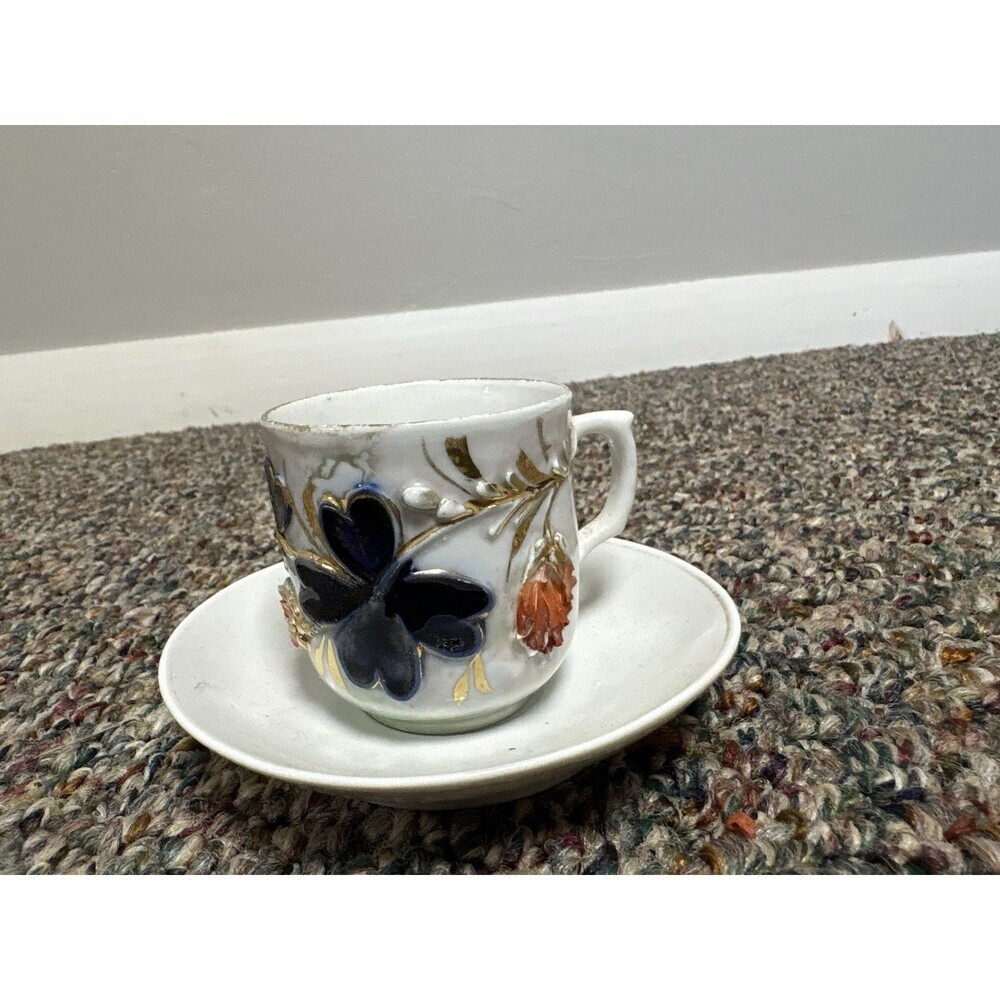Antique Hand Painted German Demitasse Cup & Saucer Cobalt Blue Gold Gilt - Picture 8 of 9